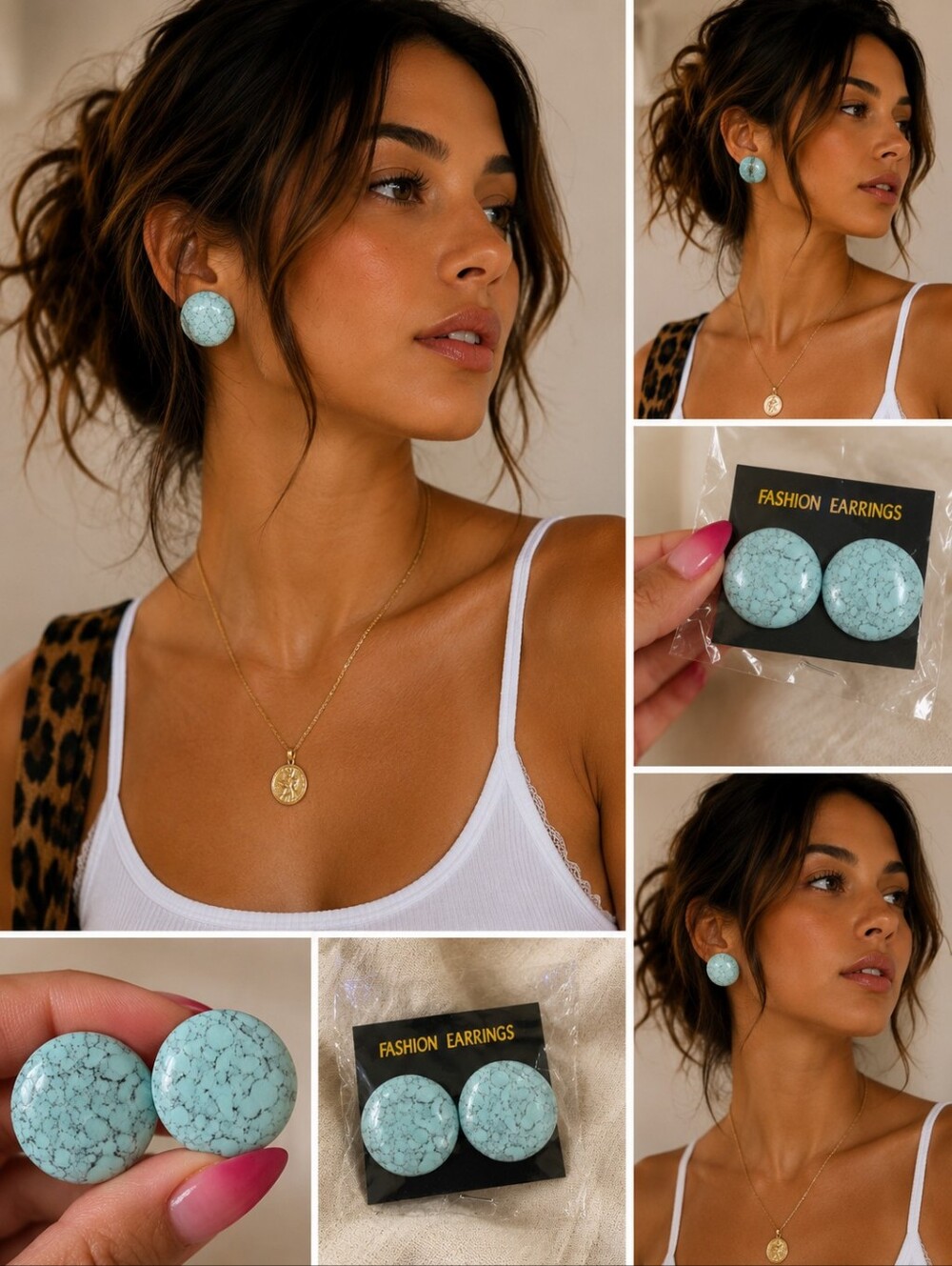 Turquoise Round Statement Vintage 90's Stud Earrings